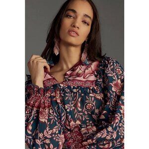 💕FARM RIO💕 Teal Ainika Charm Long Sleeve Blouse Tropical Floral Print XS NWOT